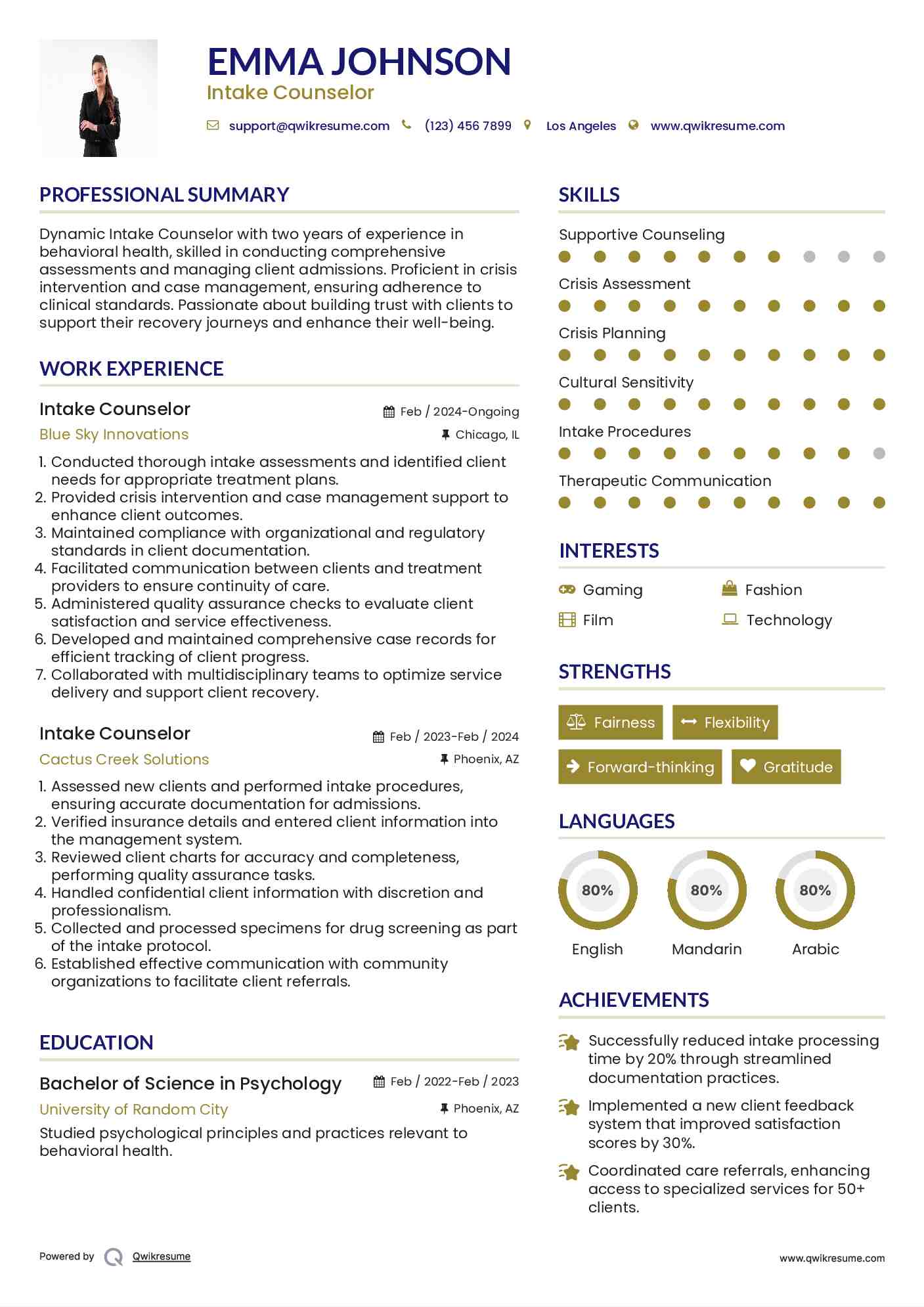 Intake Counselor Resume Sample