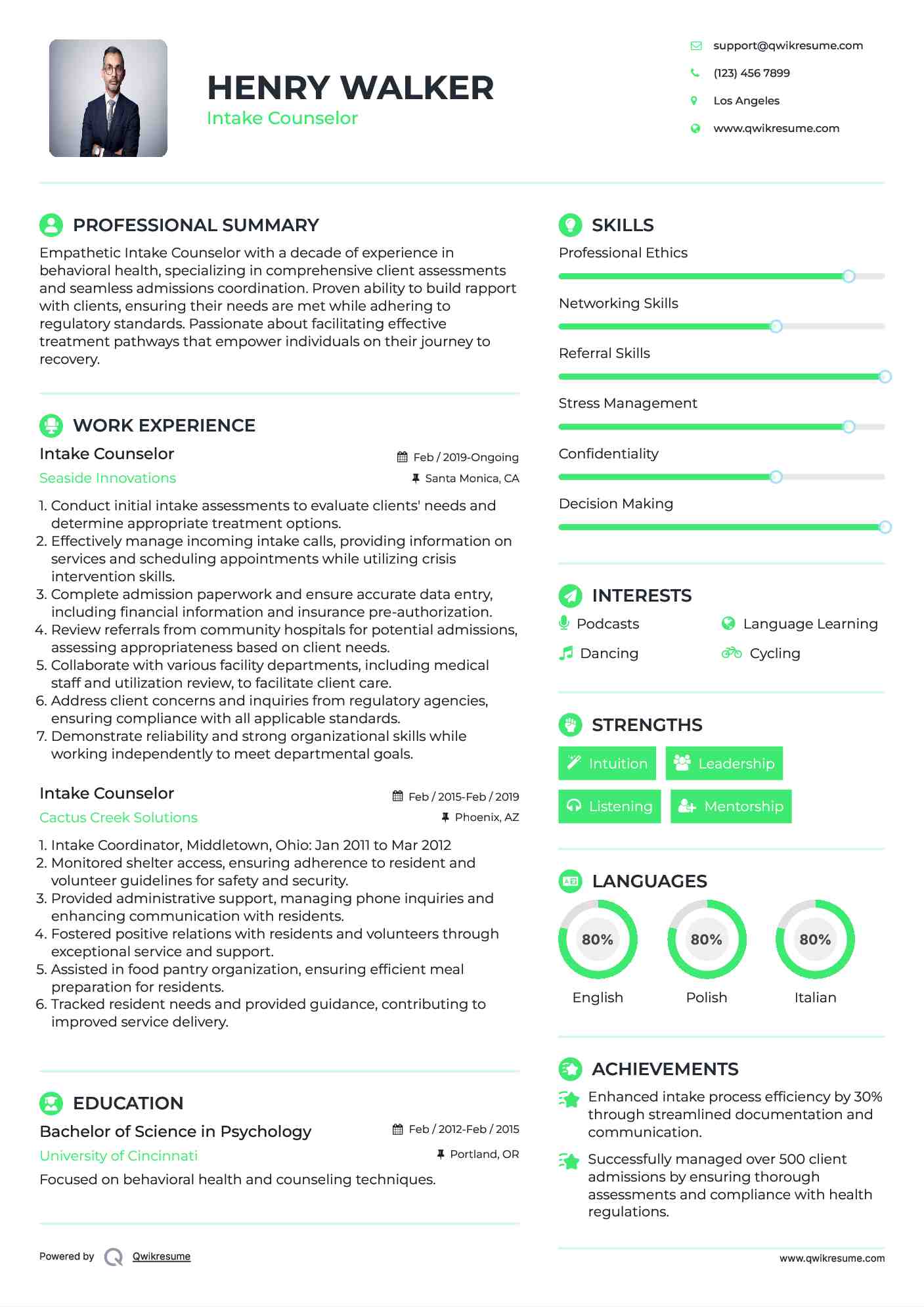 Intake Counselor Resume Samples | QwikResume