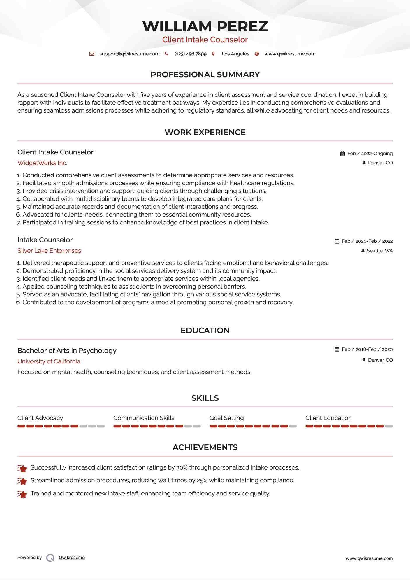 Client Intake Counselor Resume Format
