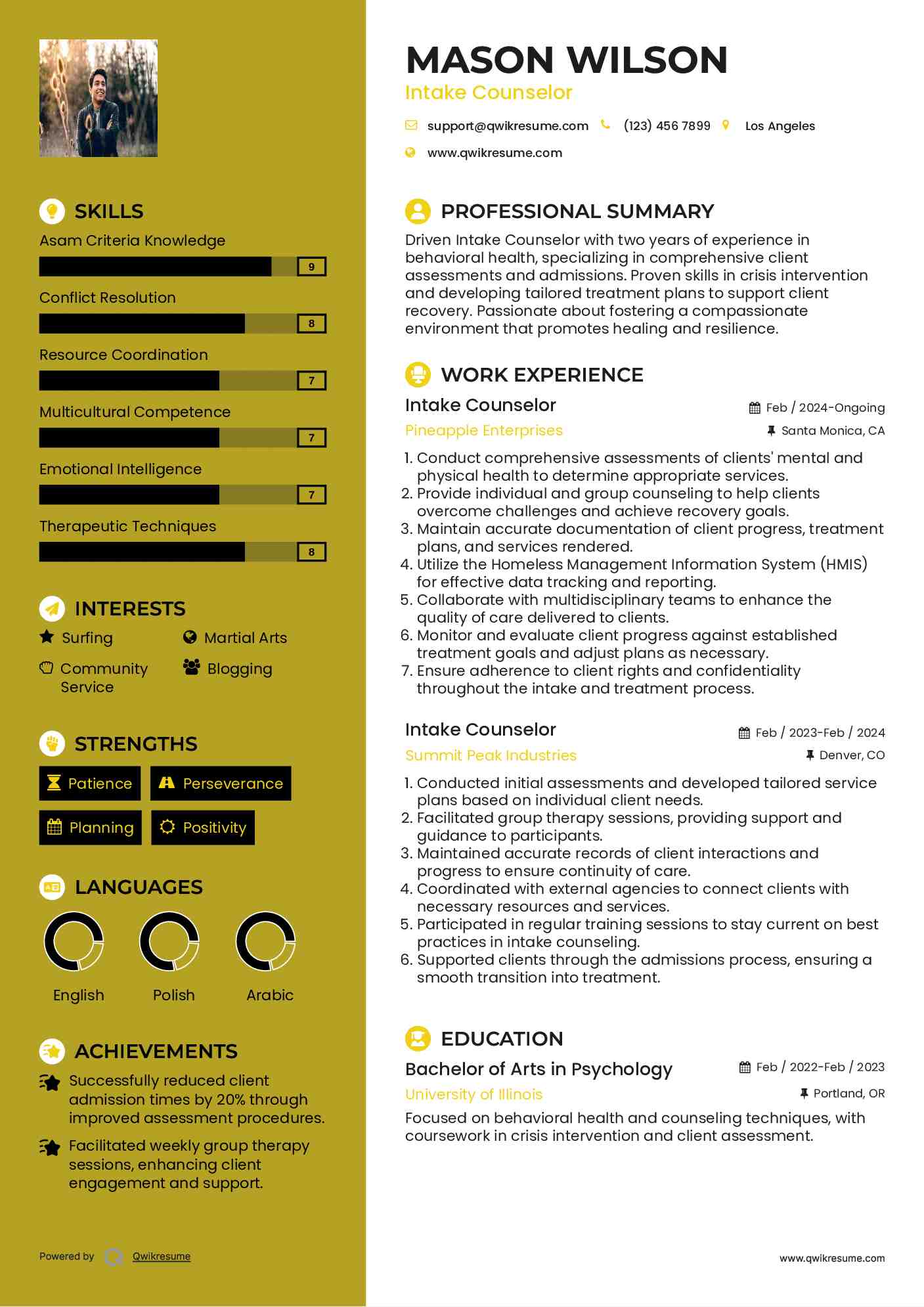 Intake Counselor Resume Sample