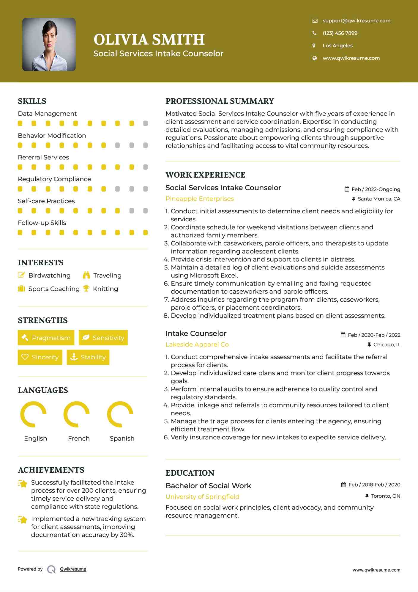 Social Services Intake Counselor Resume Sample