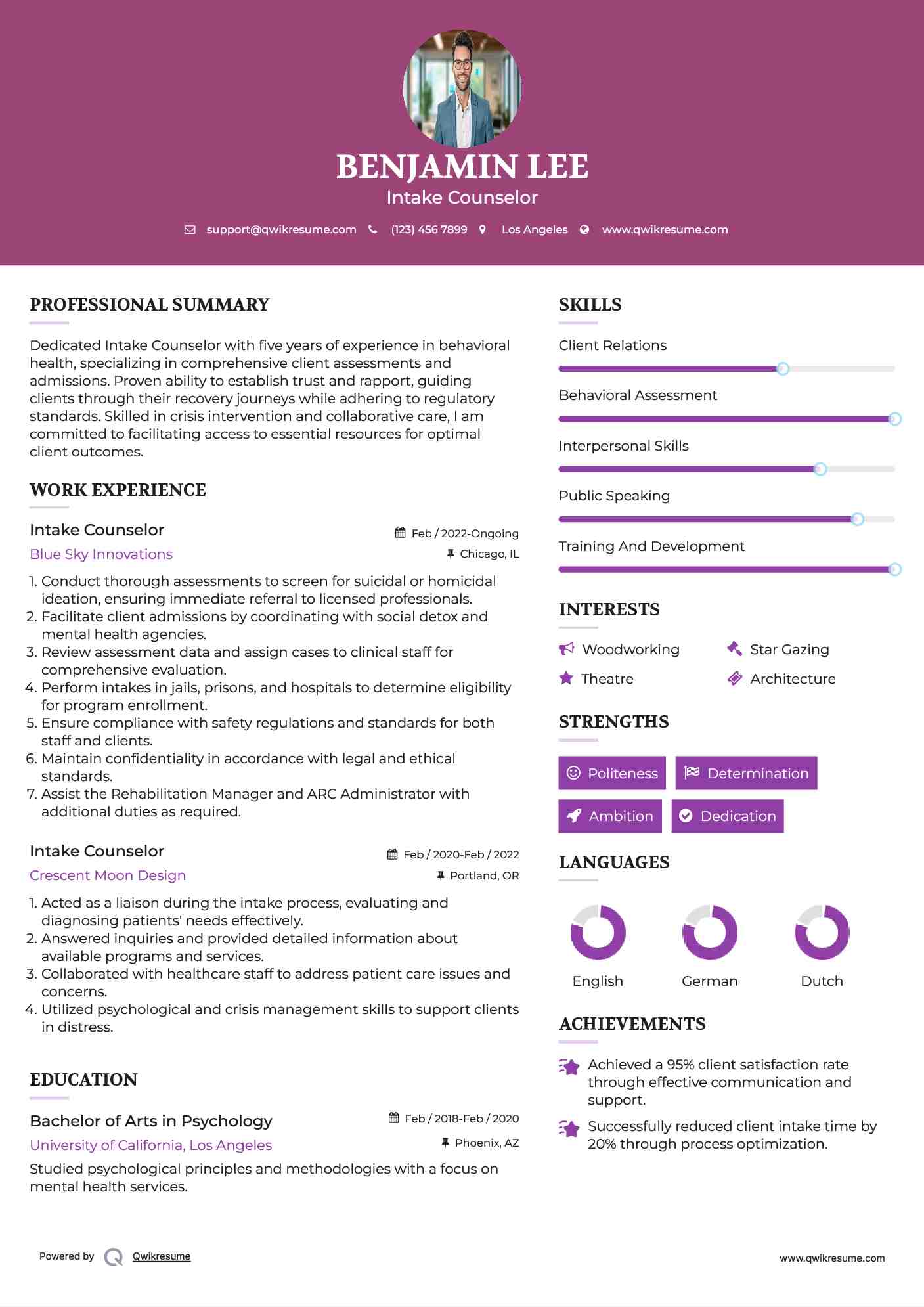 Intake Counselor Resume Format