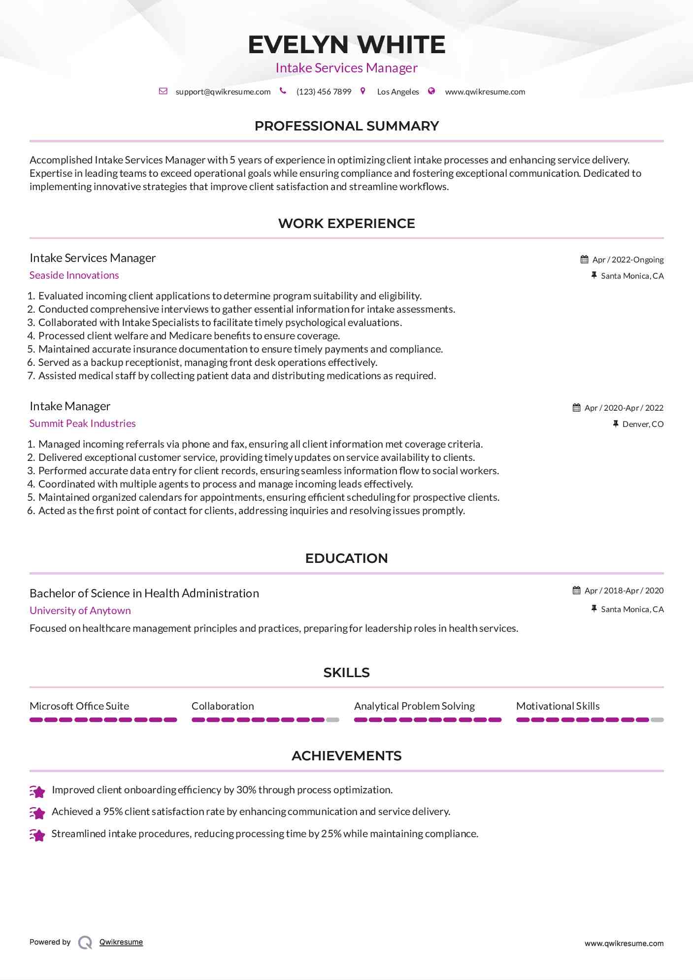 Intake Services Manager Resume Example