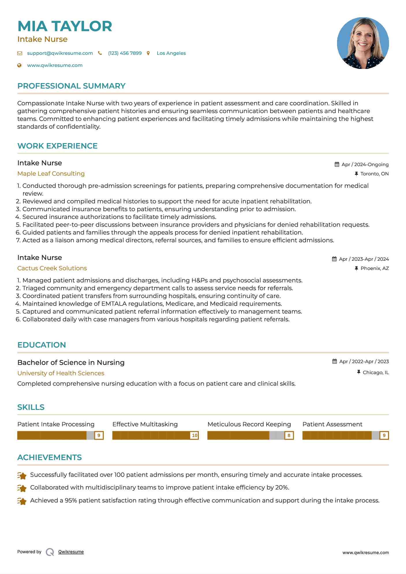 Intake Nurse Resume Example