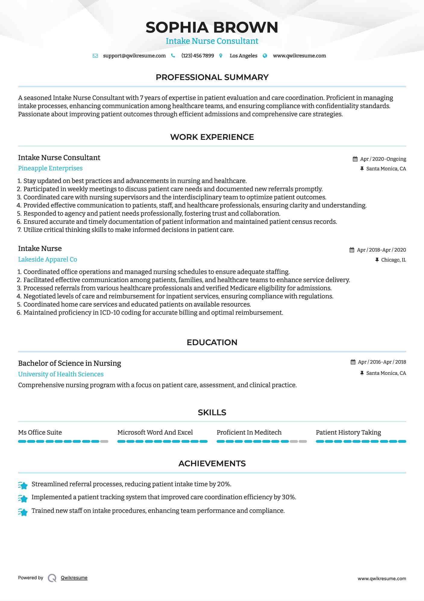 Intake Nurse Consultant Resume Example