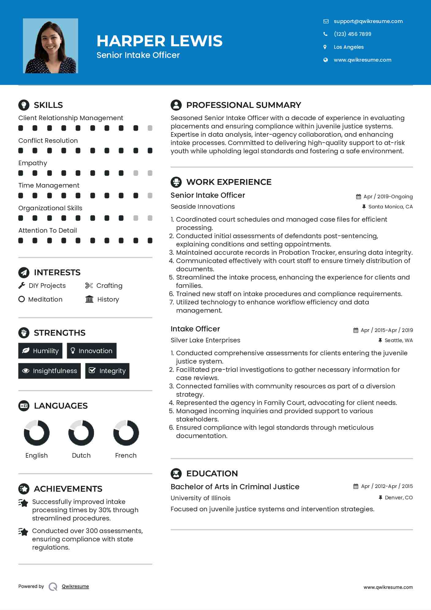 Senior Intake Officer Resume Model