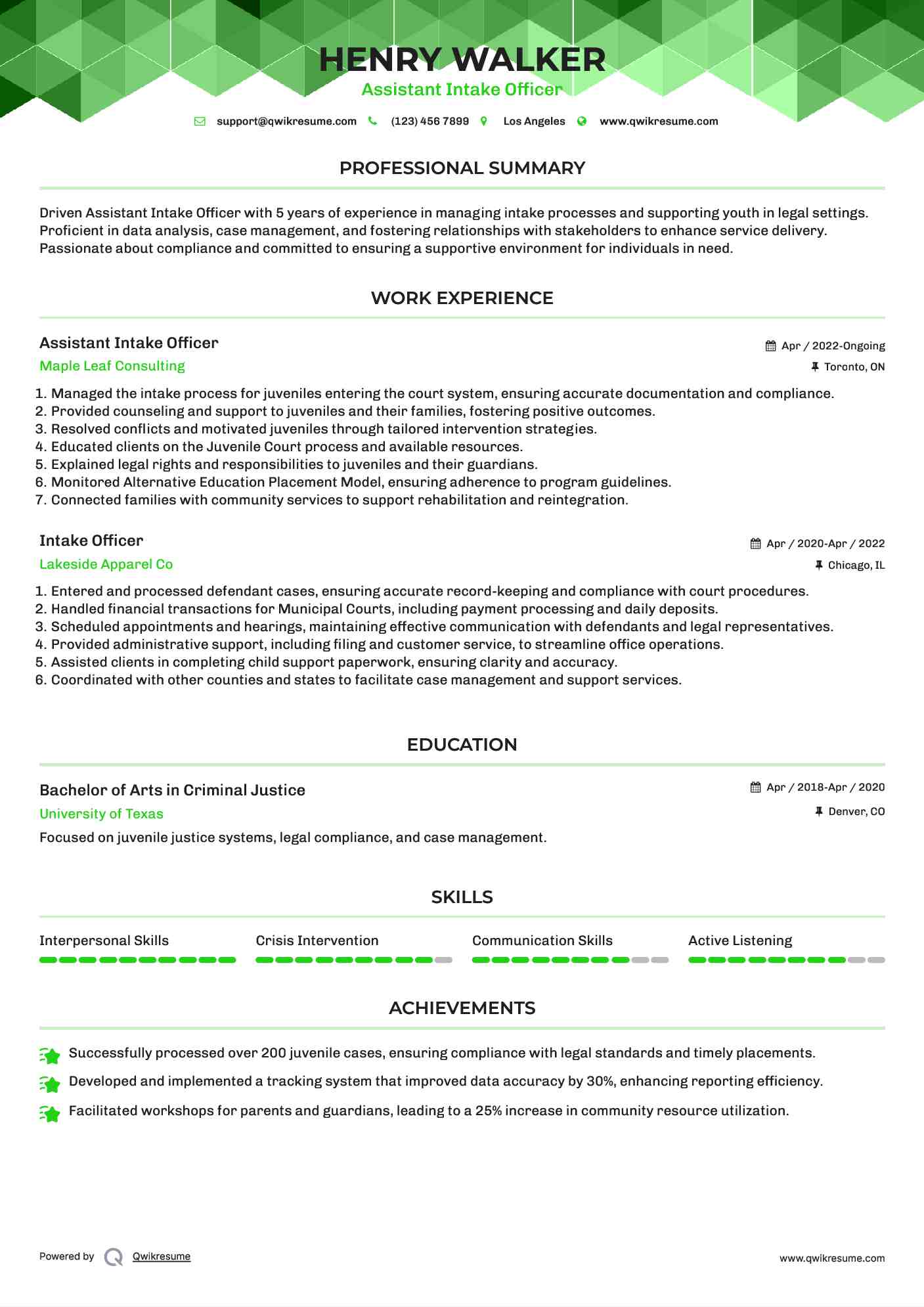 Assistant Intake Officer Resume Sample