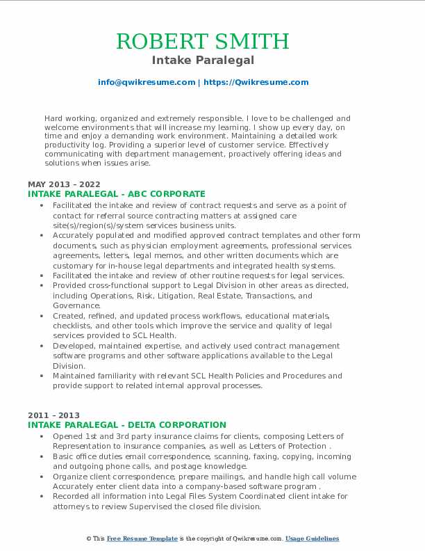 Intake Paralegal Resume Samples - Intake Paralegal 1661144536 Pdf