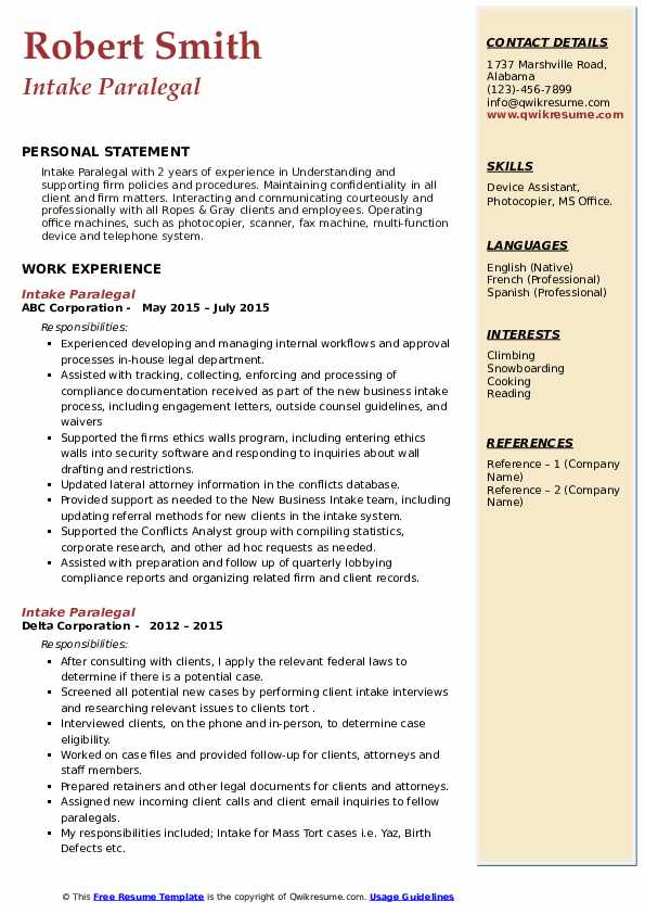 Intake Paralegal Resume Samples - Intake Paralegal 1661144909 Pdf 