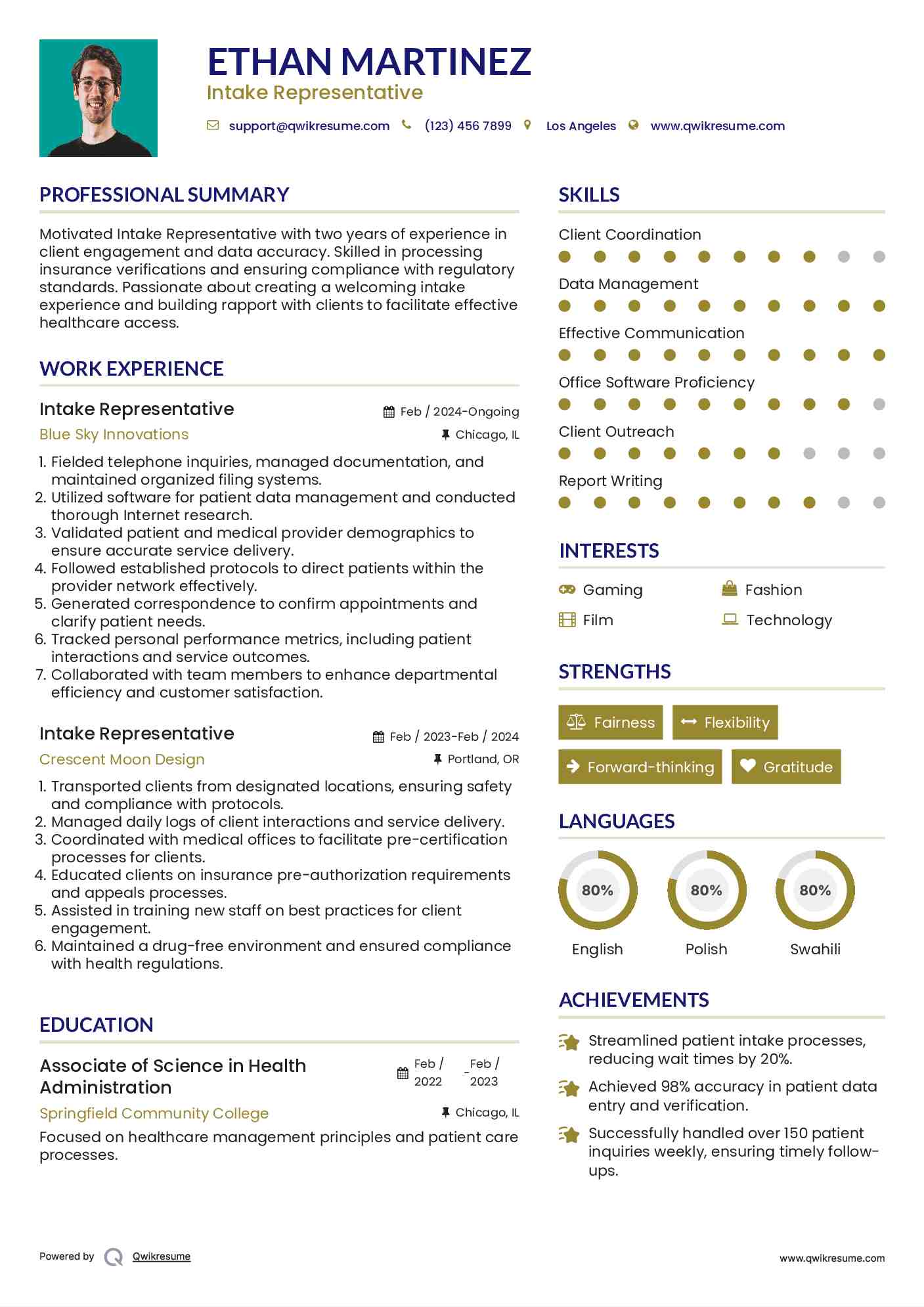 Intake Representative Resume Sample