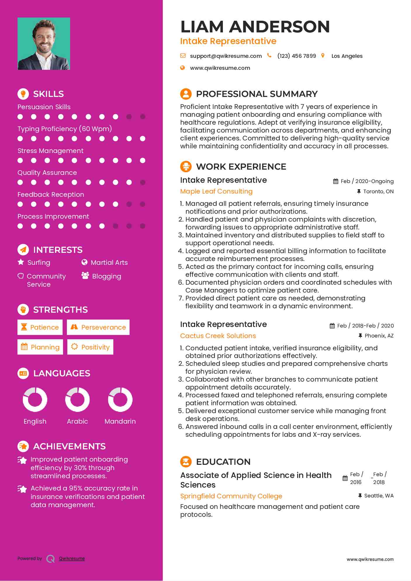 Intake Representative Resume Template