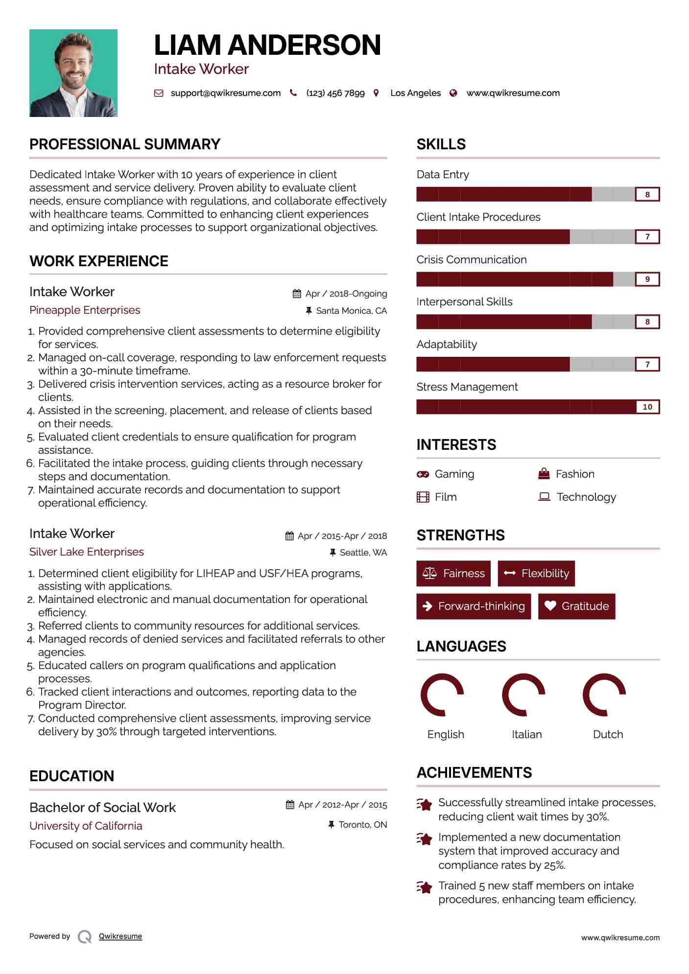Intake Worker Resume Model