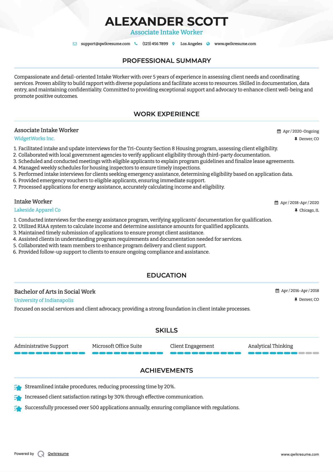 Associate Intake Worker
 Resume Model