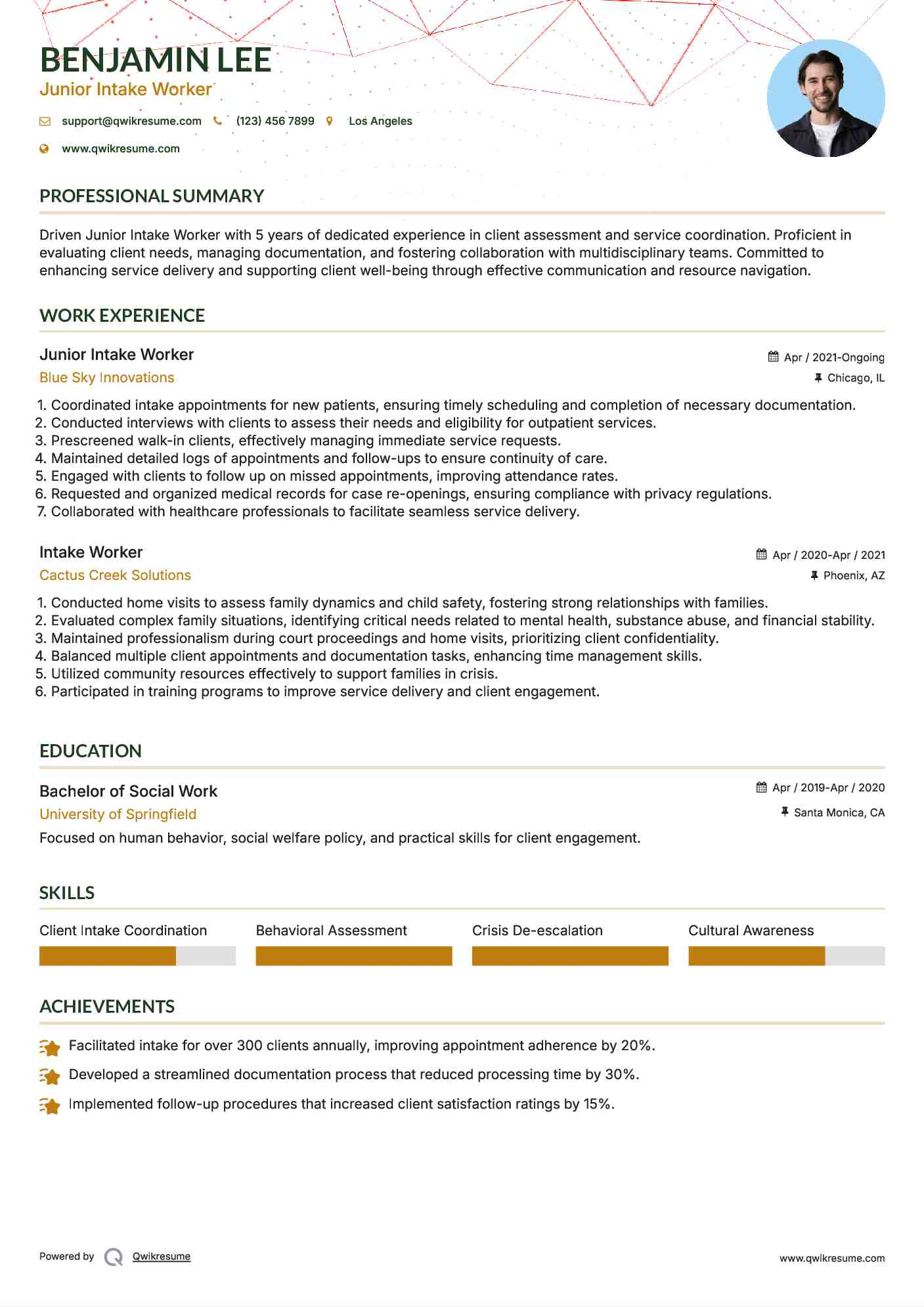 Junior Intake Worker Resume Template