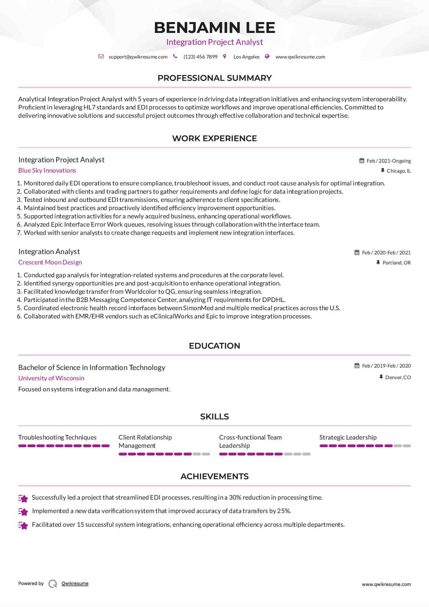 Integration Project Analyst Resume Example