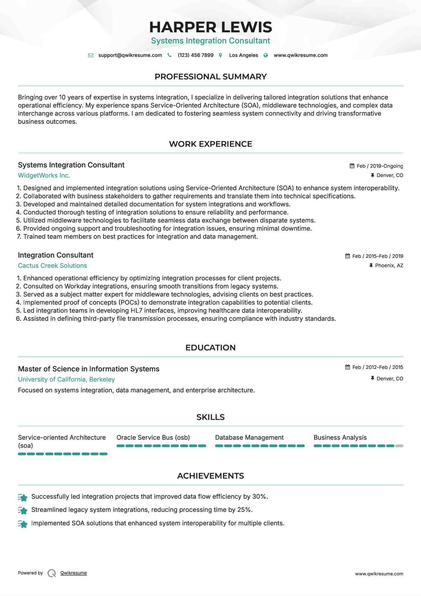 Systems Integration Consultant Resume Sample