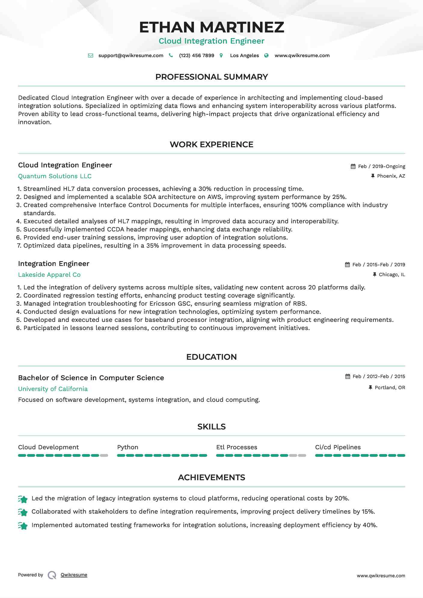 Cloud Integration Engineer Resume Model