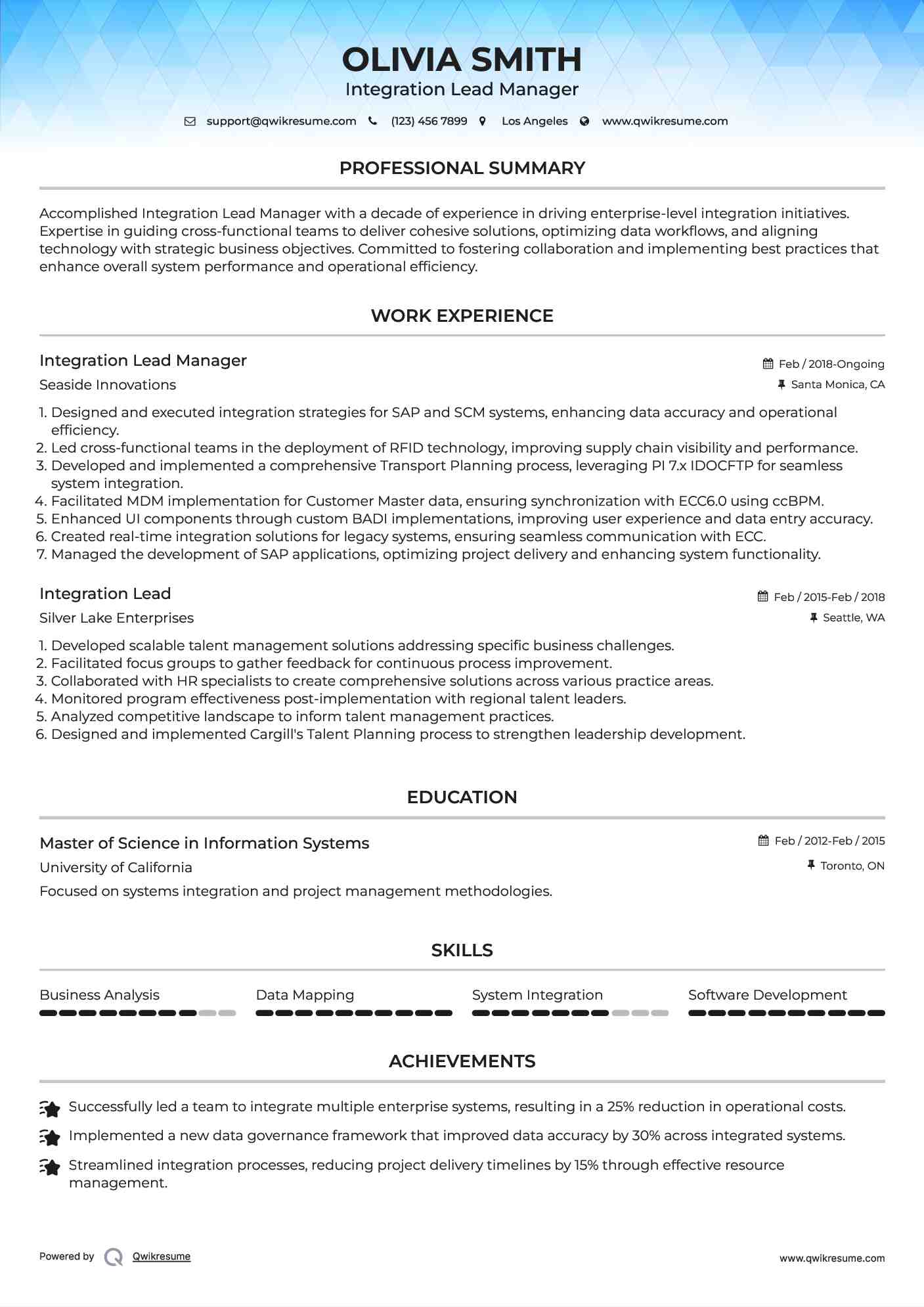 Integration Lead Manager Resume Sample