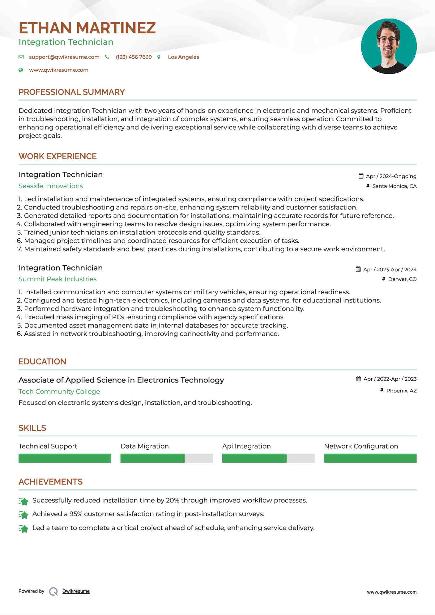 Integration Technician Resume Model