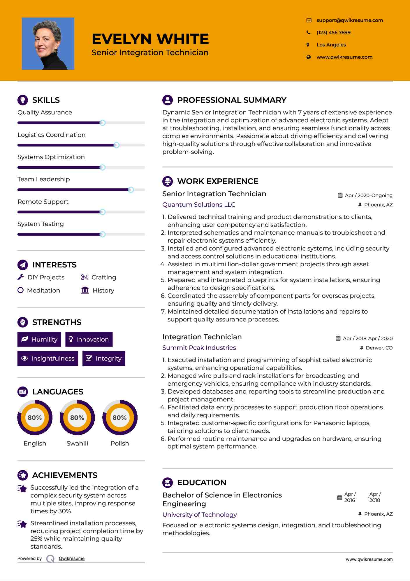 Senior Integration Technician Resume Model