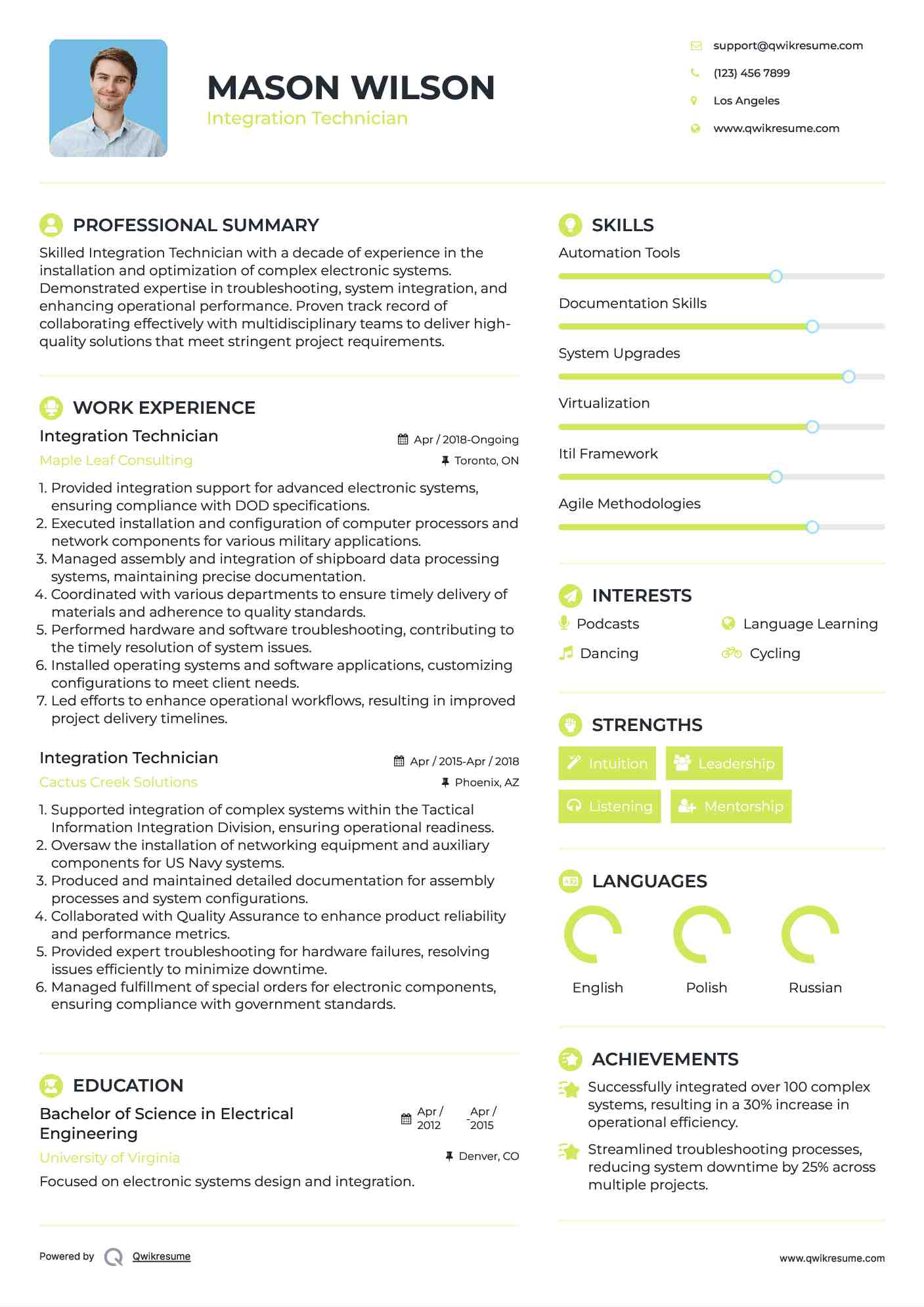 Integration Technician Resume Example