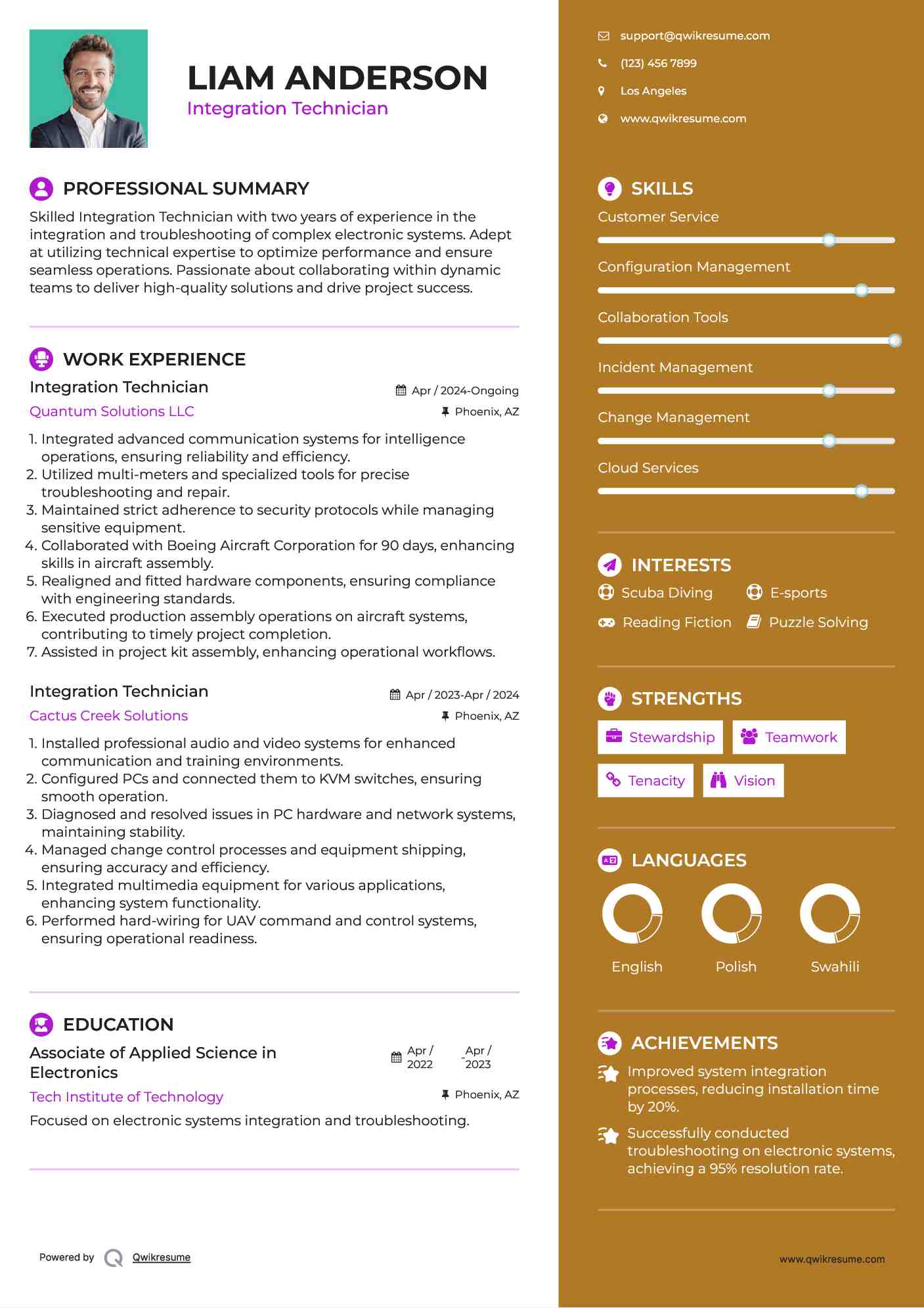 Integration Technician Resume Sample