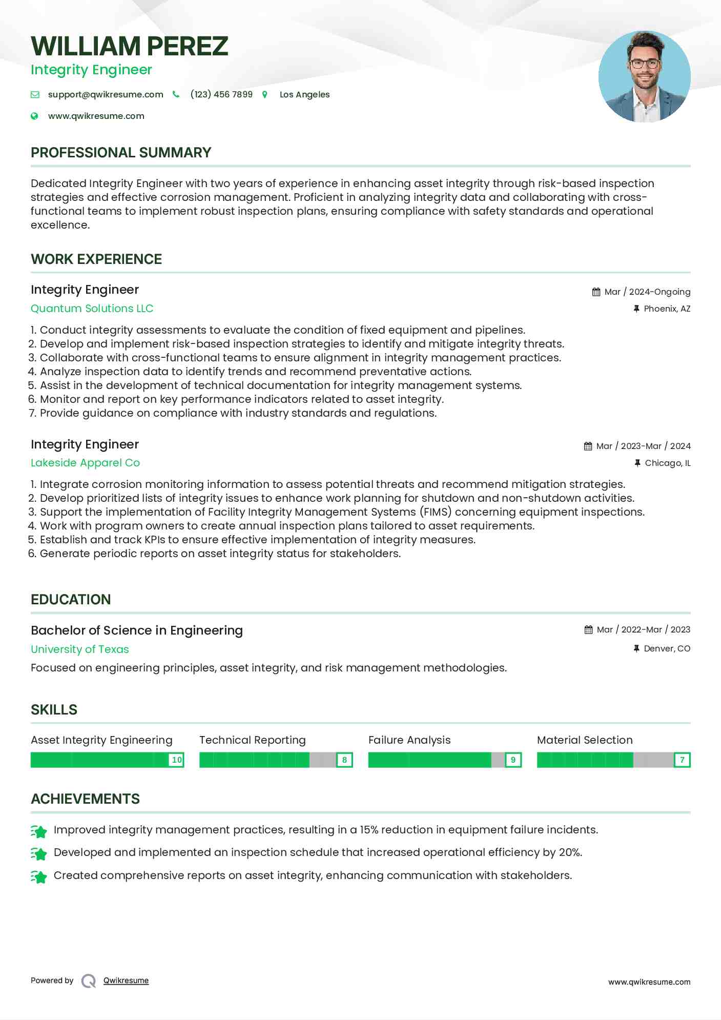 Integrity Engineer Resume Example