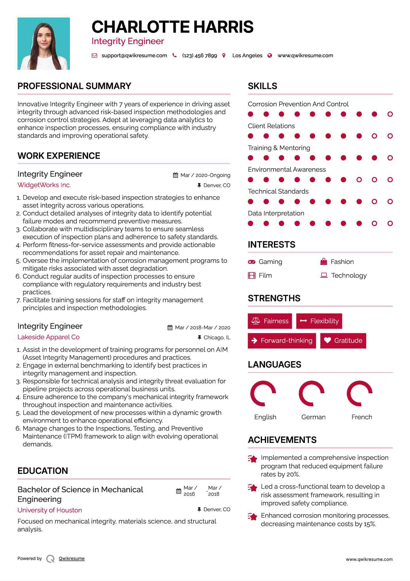 Integrity Engineer Resume Sample