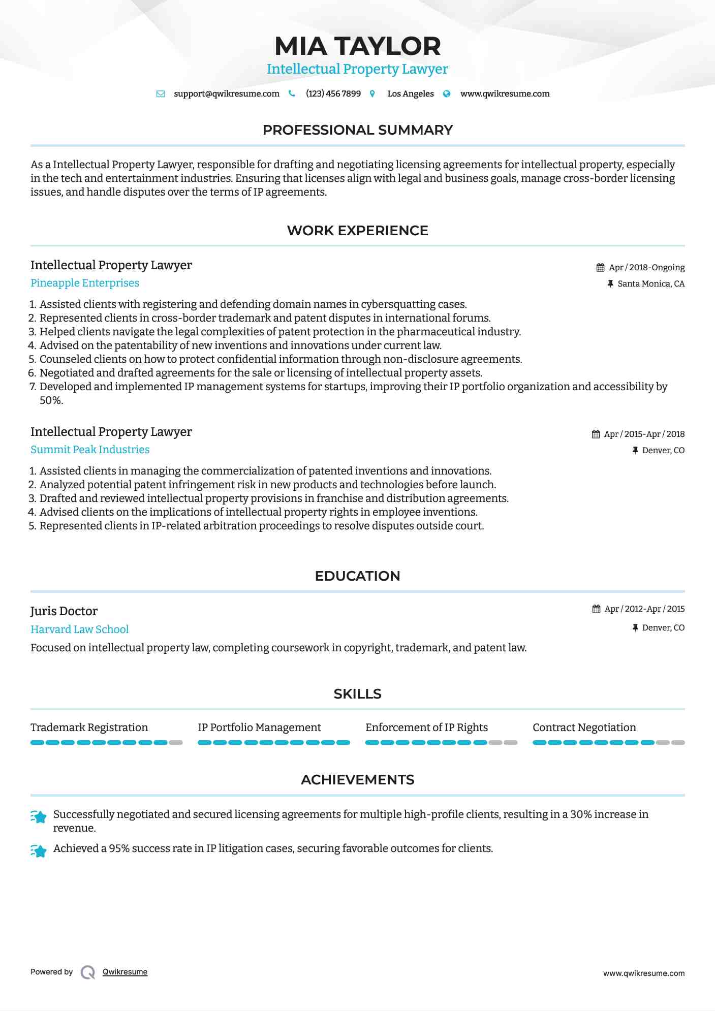 Intellectual Property Lawyer Resume Format