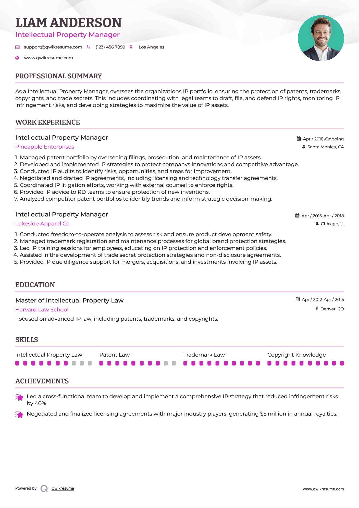 Intellectual Property Manager Resume Sample