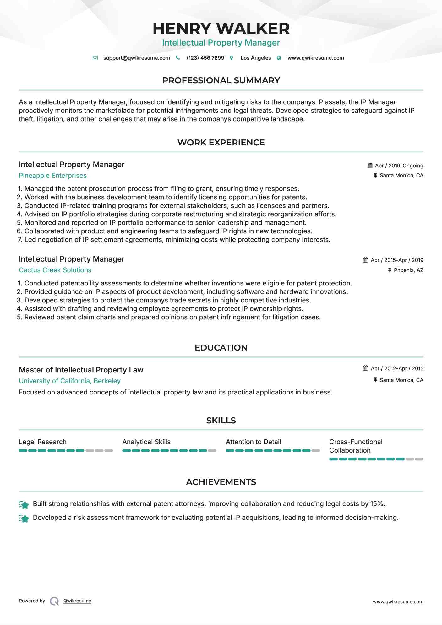 Intellectual Property Manager Resume Model