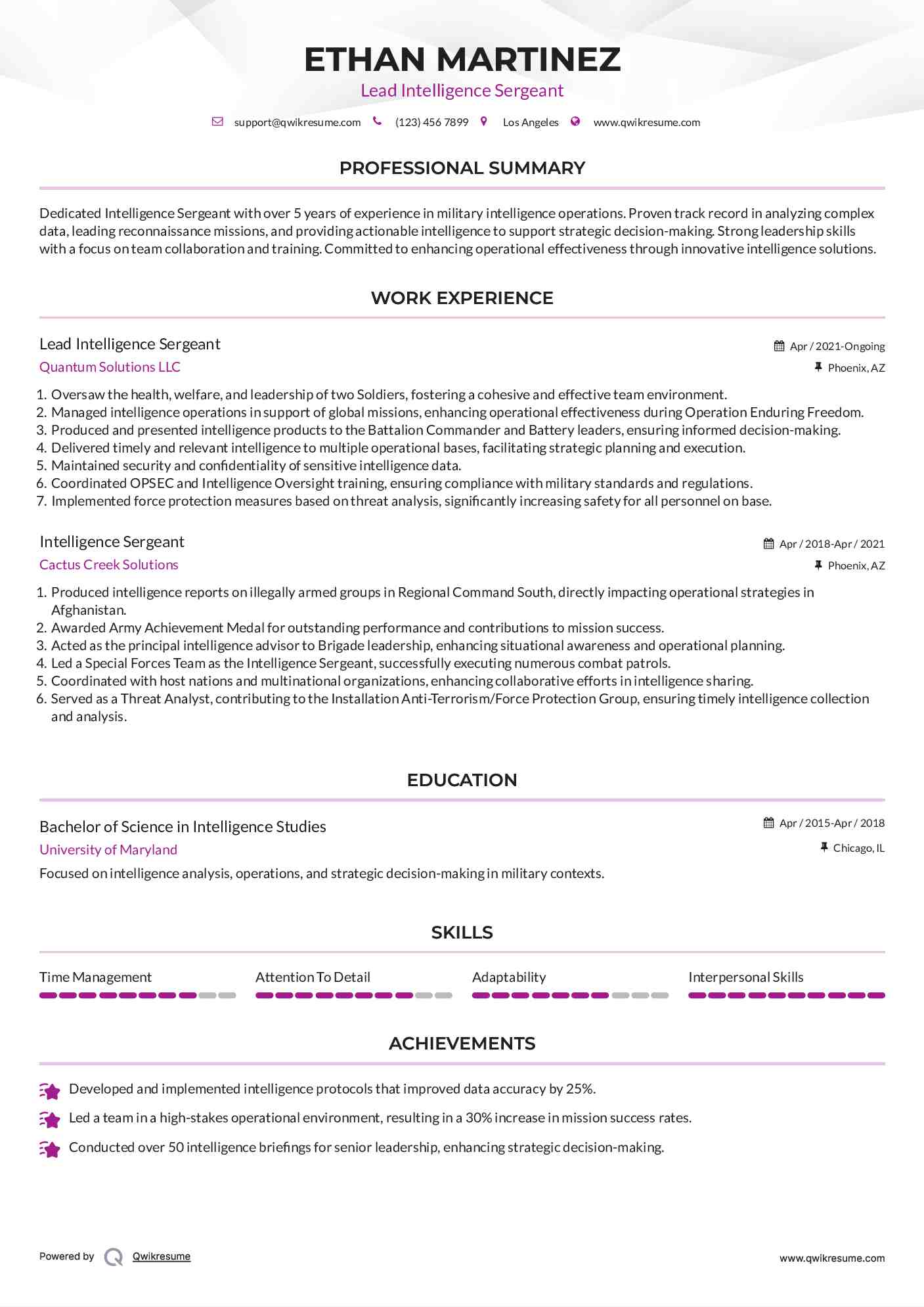 Lead Intelligence Sergeant Resume Sample