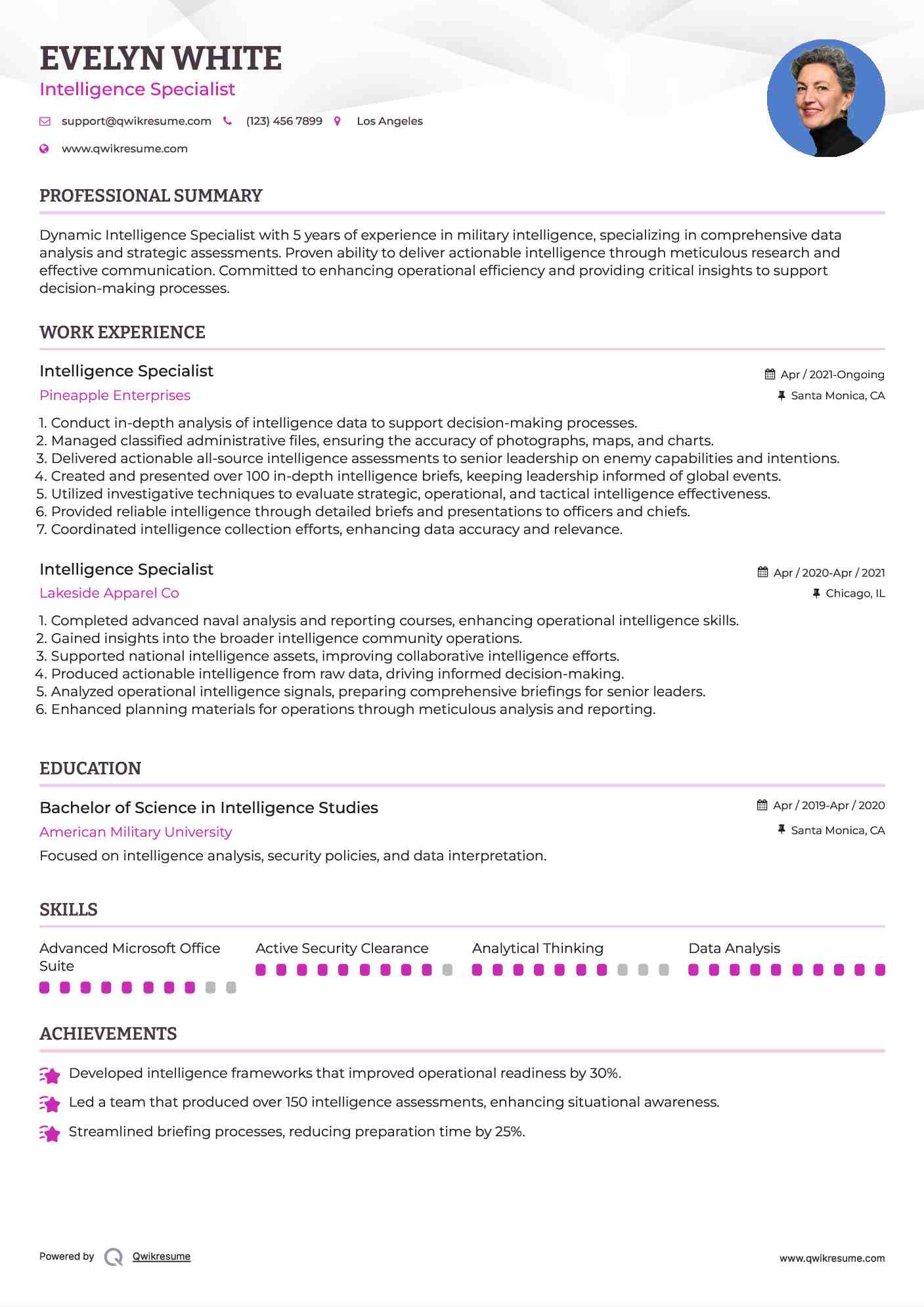 Intelligence Specialist Resume Sample