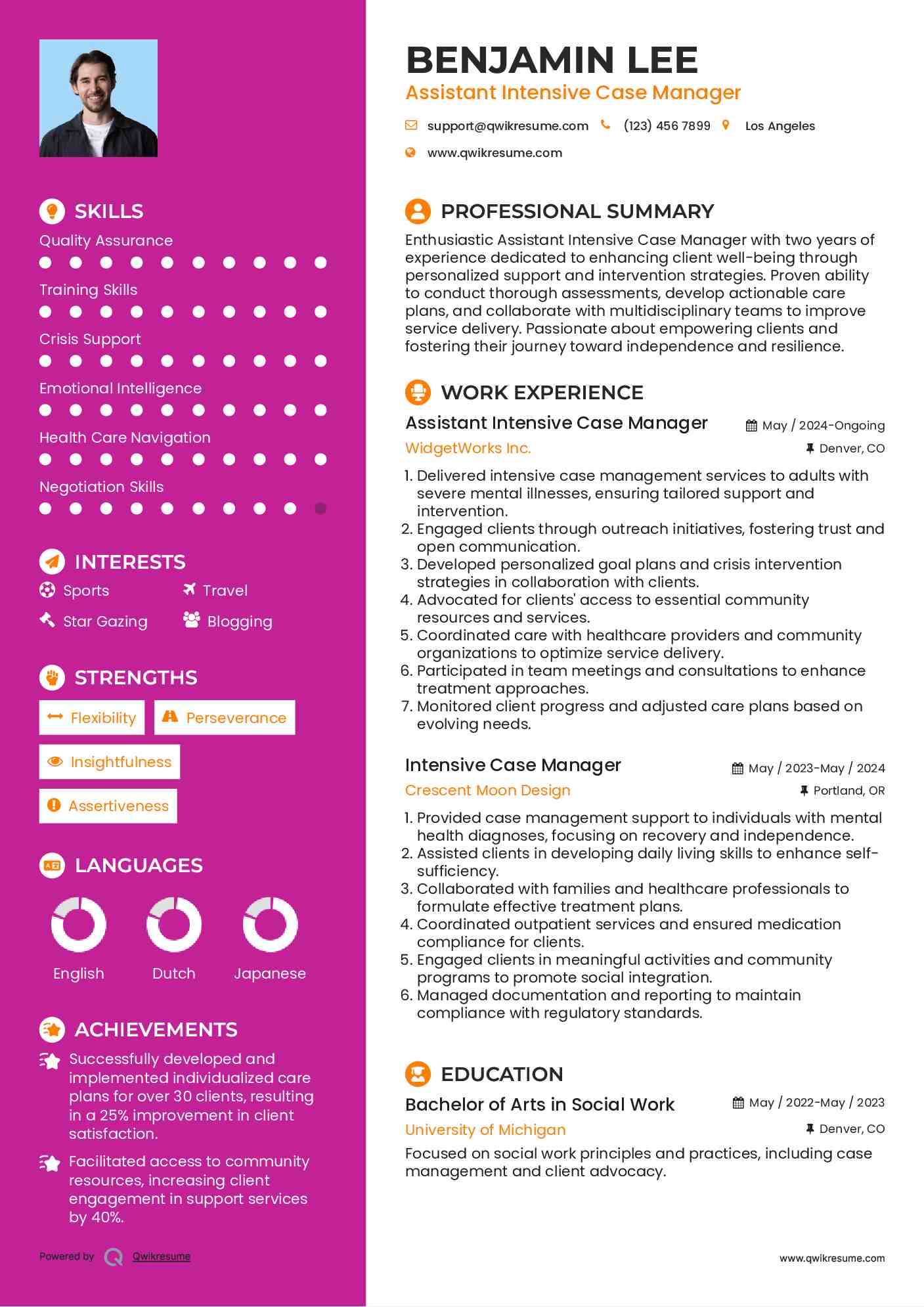 Assistant Intensive Case Manager Resume Sample