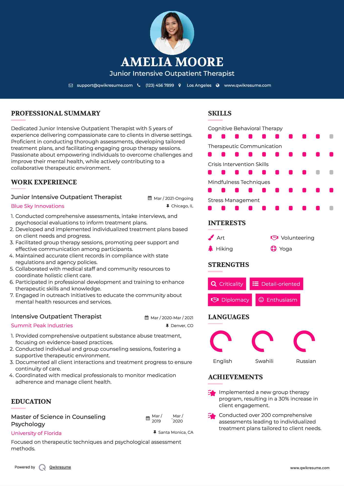 Junior Intensive Outpatient Therapist Resume Format
