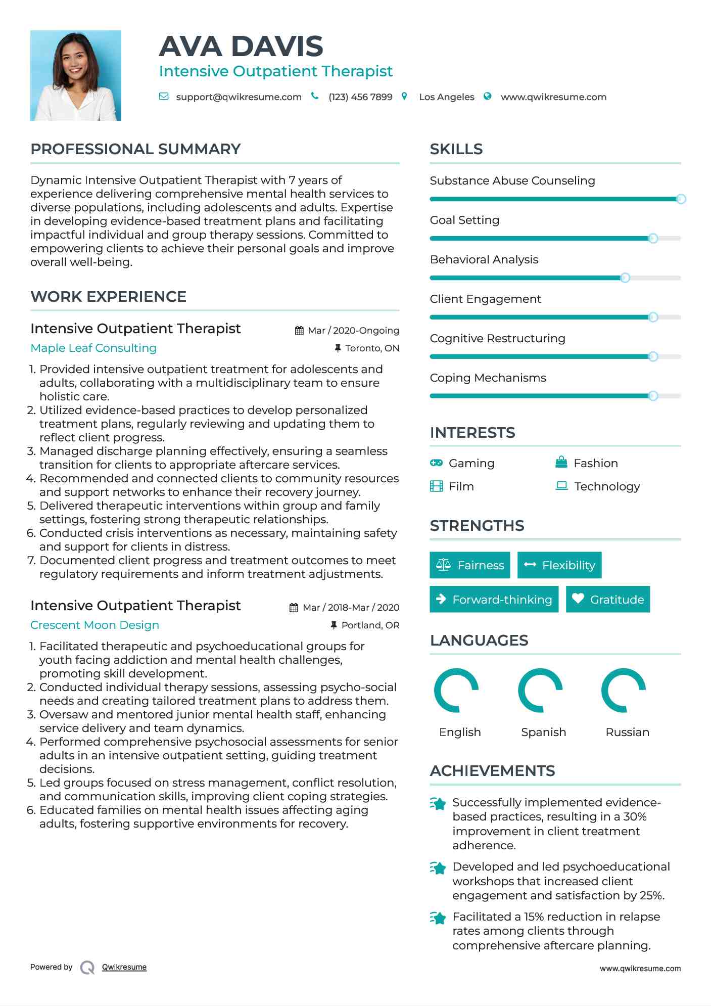 Intensive Outpatient Therapist Resume Model