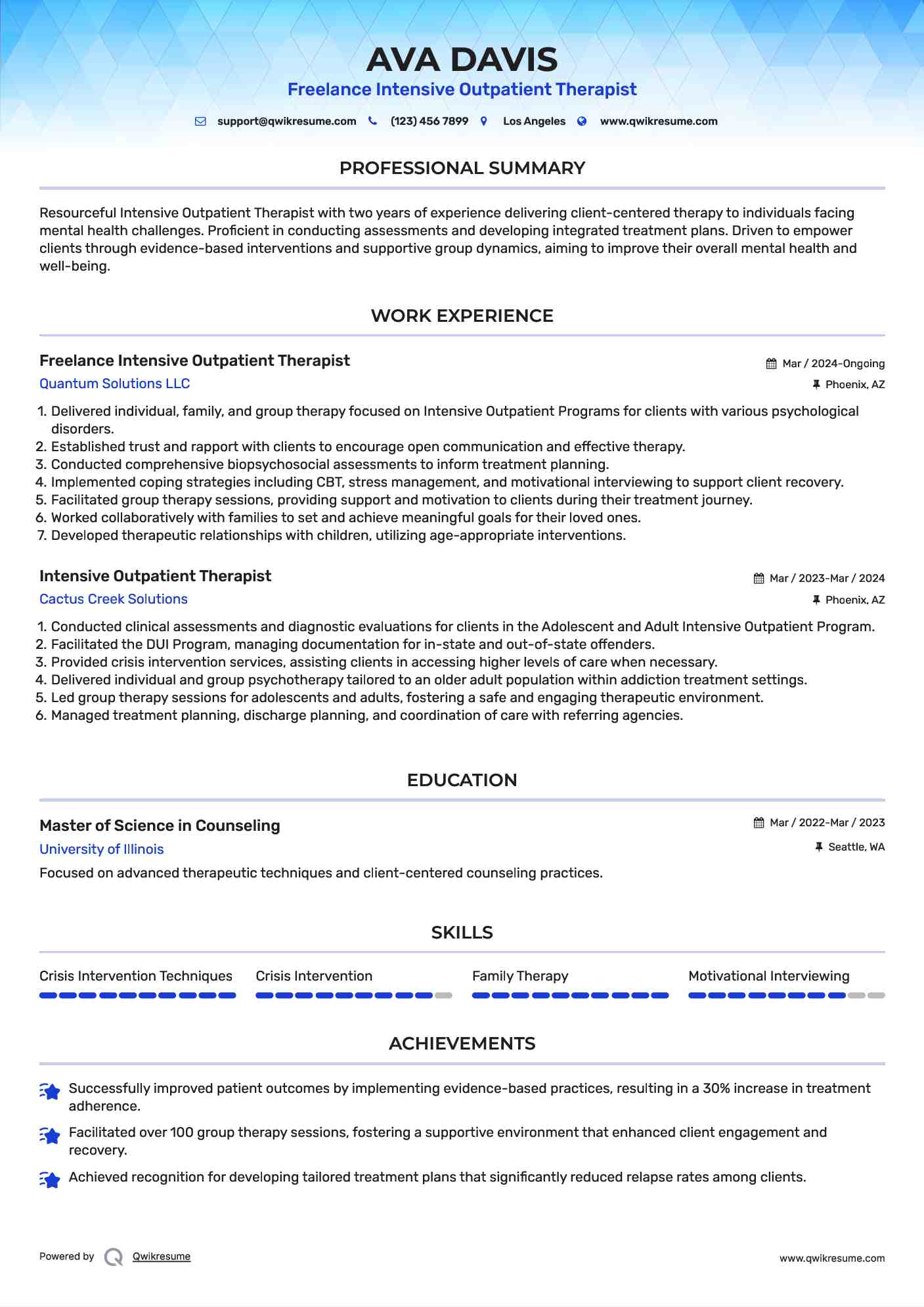 Freelance Intensive Outpatient Therapist Resume Template