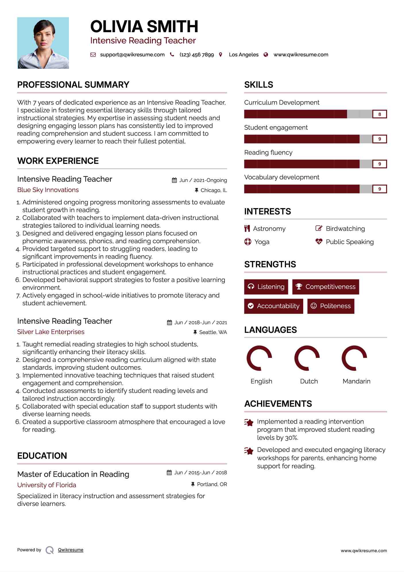 Intensive Reading Teacher Resume Example
