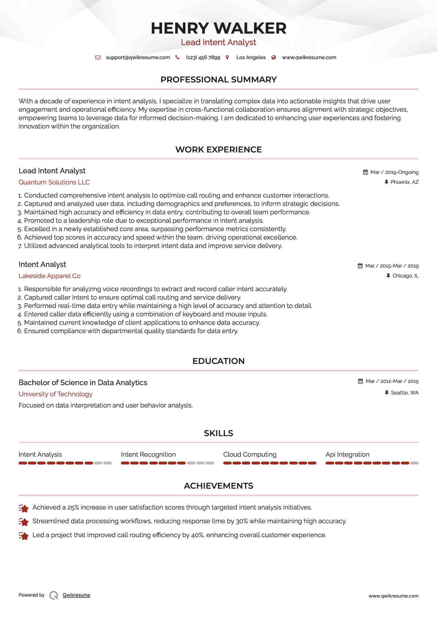 Lead Intent Analyst Resume Format
