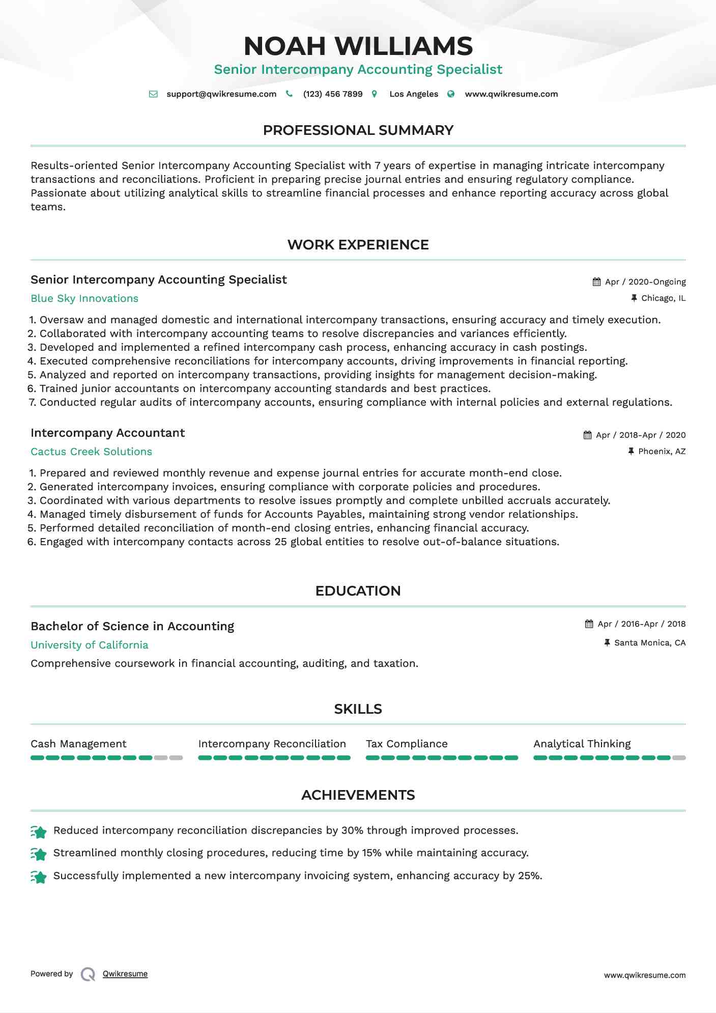 Senior Intercompany Accounting Specialist Resume Model