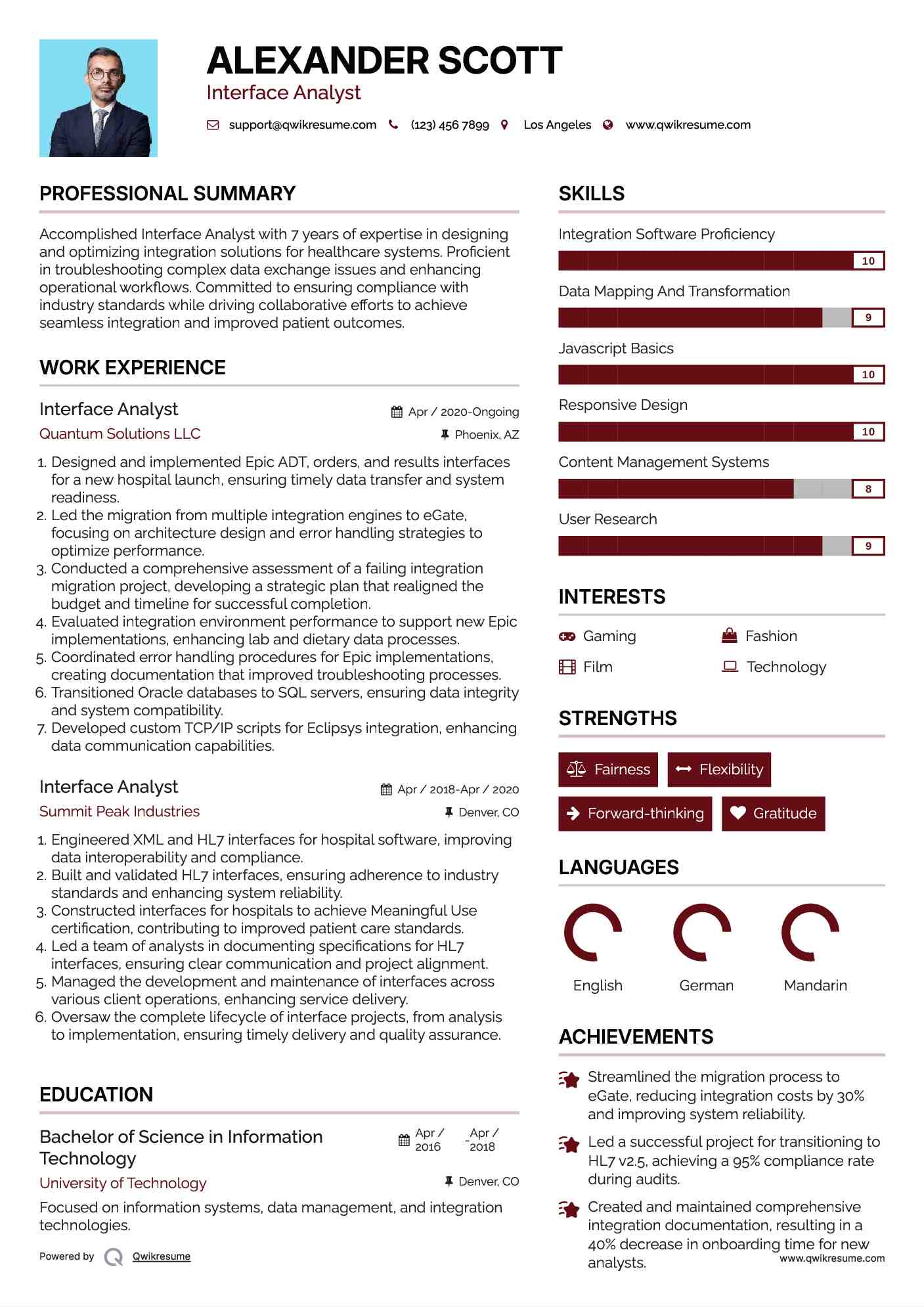 Interface Analyst Resume Example