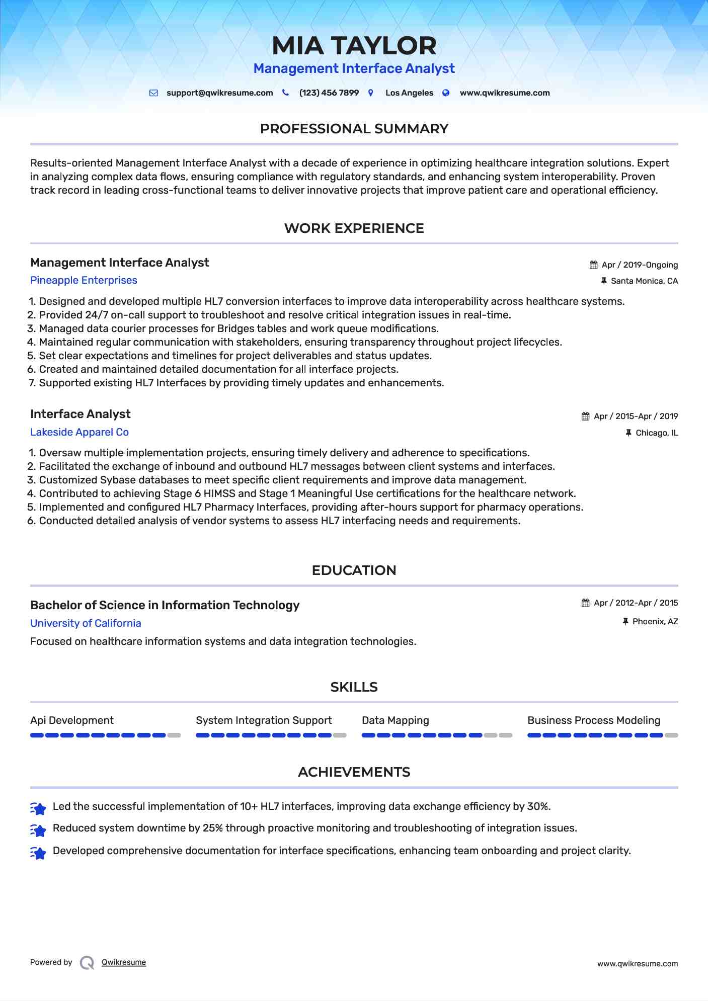 Management Interface Analyst Resume Model