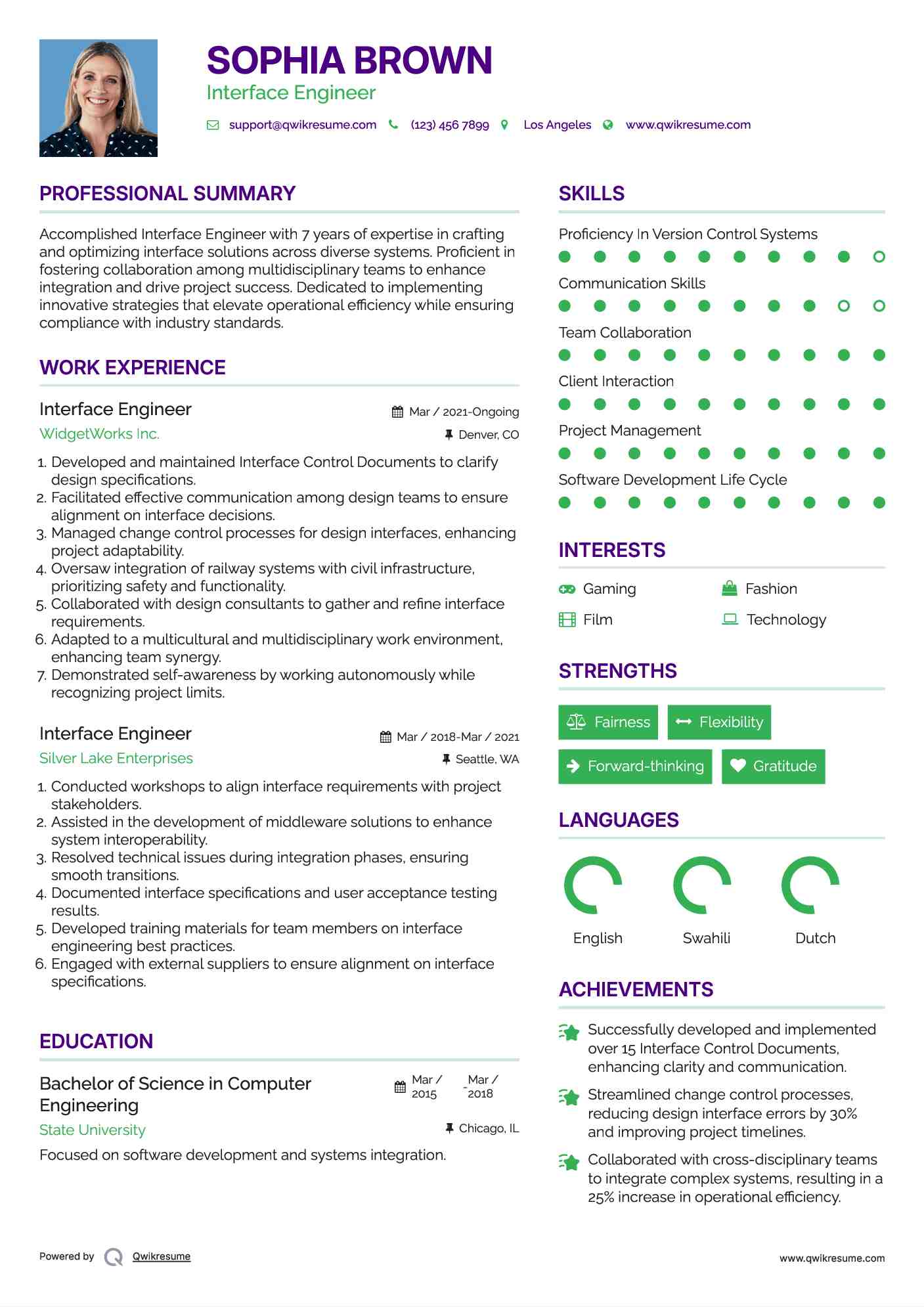 Interface Engineer Resume Example