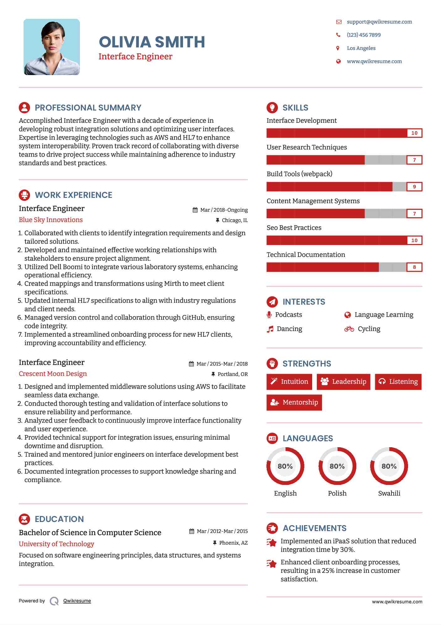 Interface Engineer Resume Example