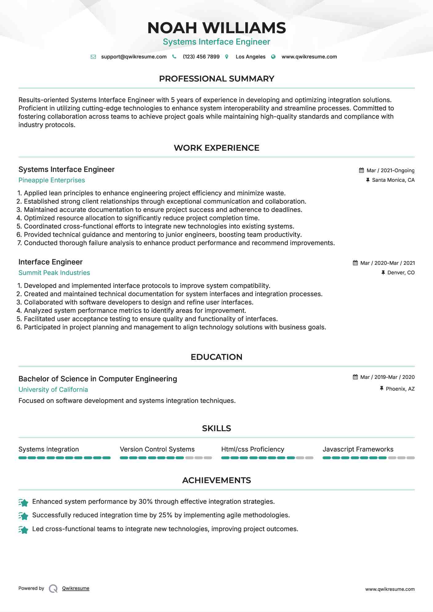 Systems Interface Engineer Resume Model