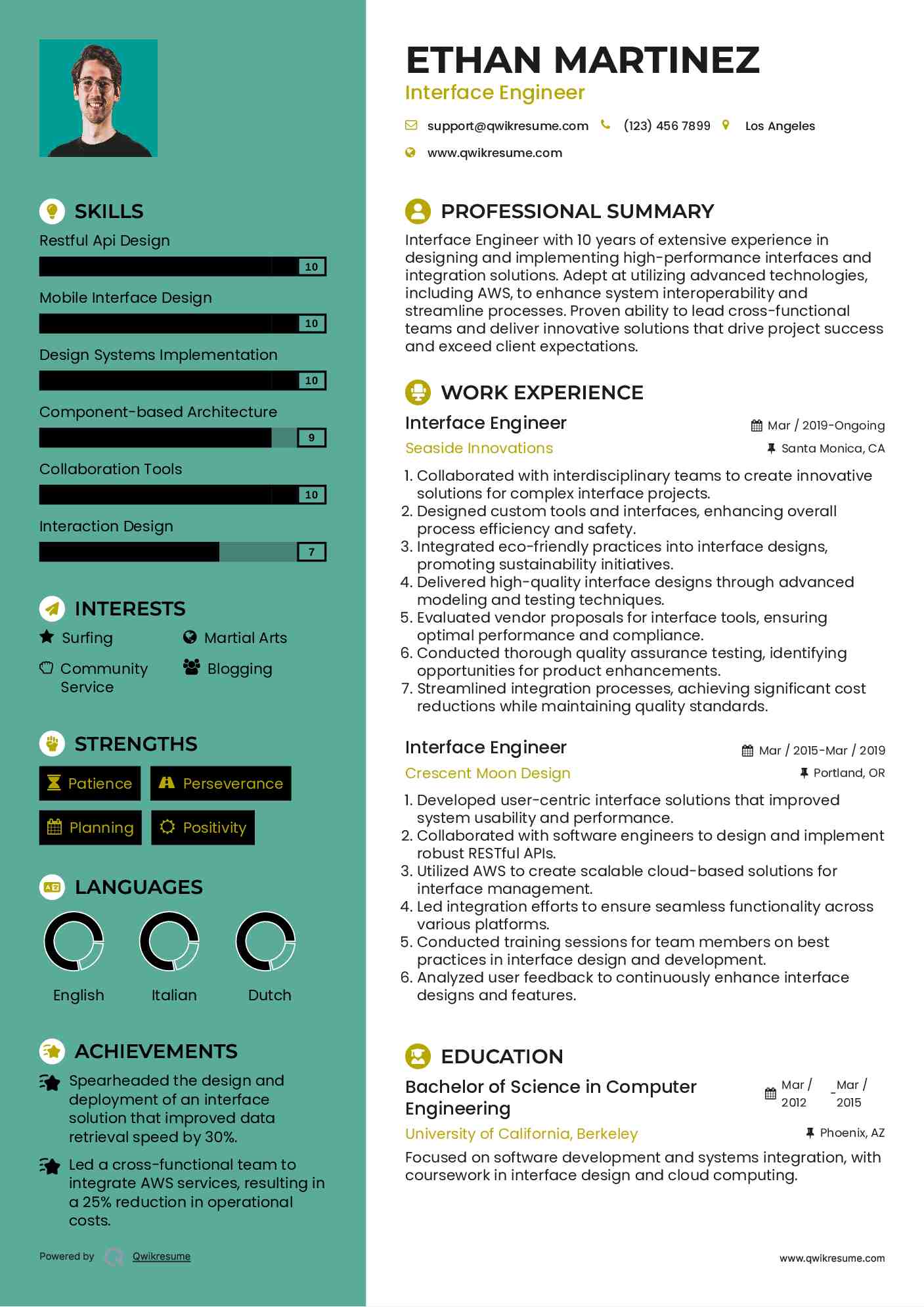 Interface Engineer Resume Example