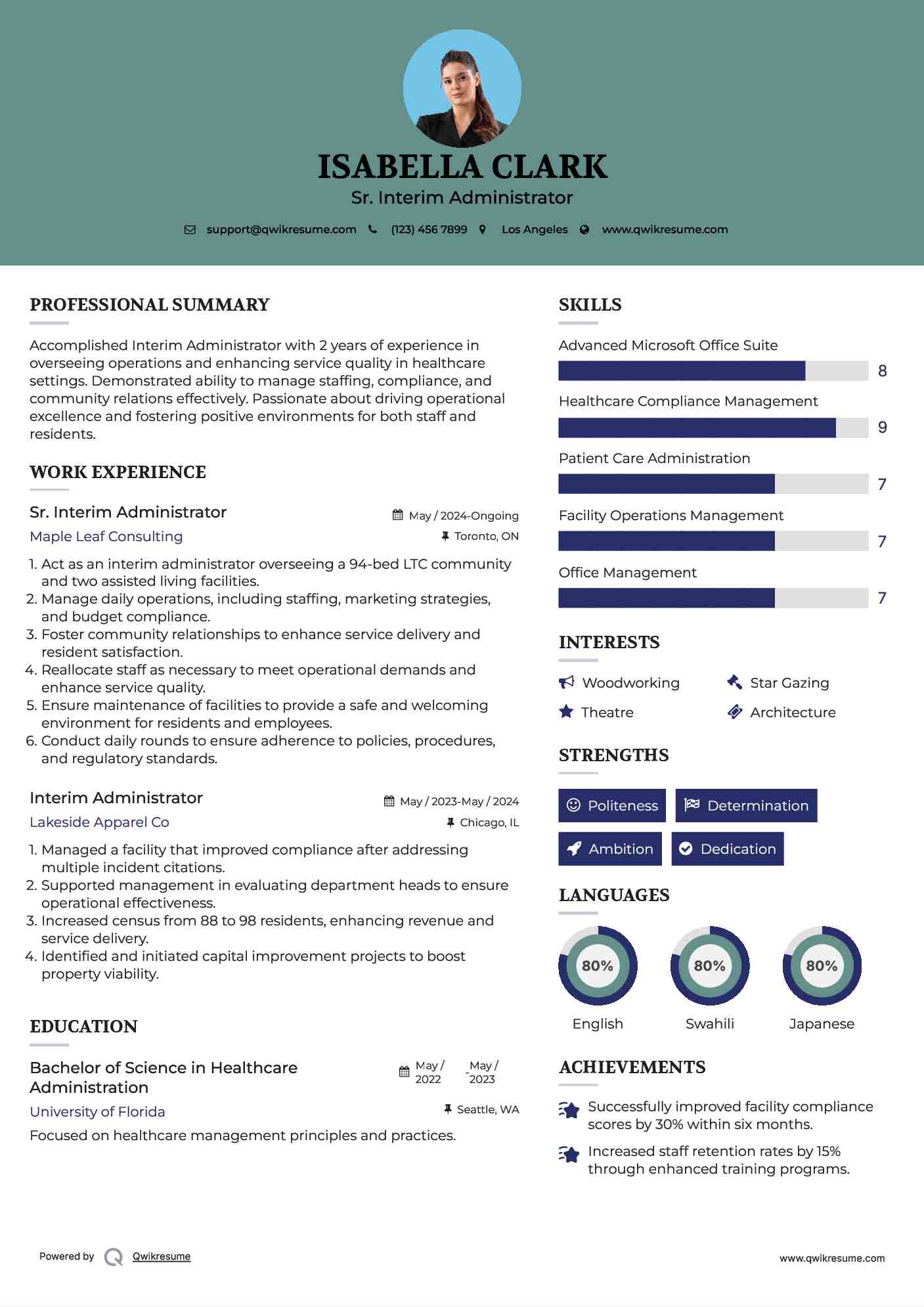 Sr. Interim Administrator Resume Sample