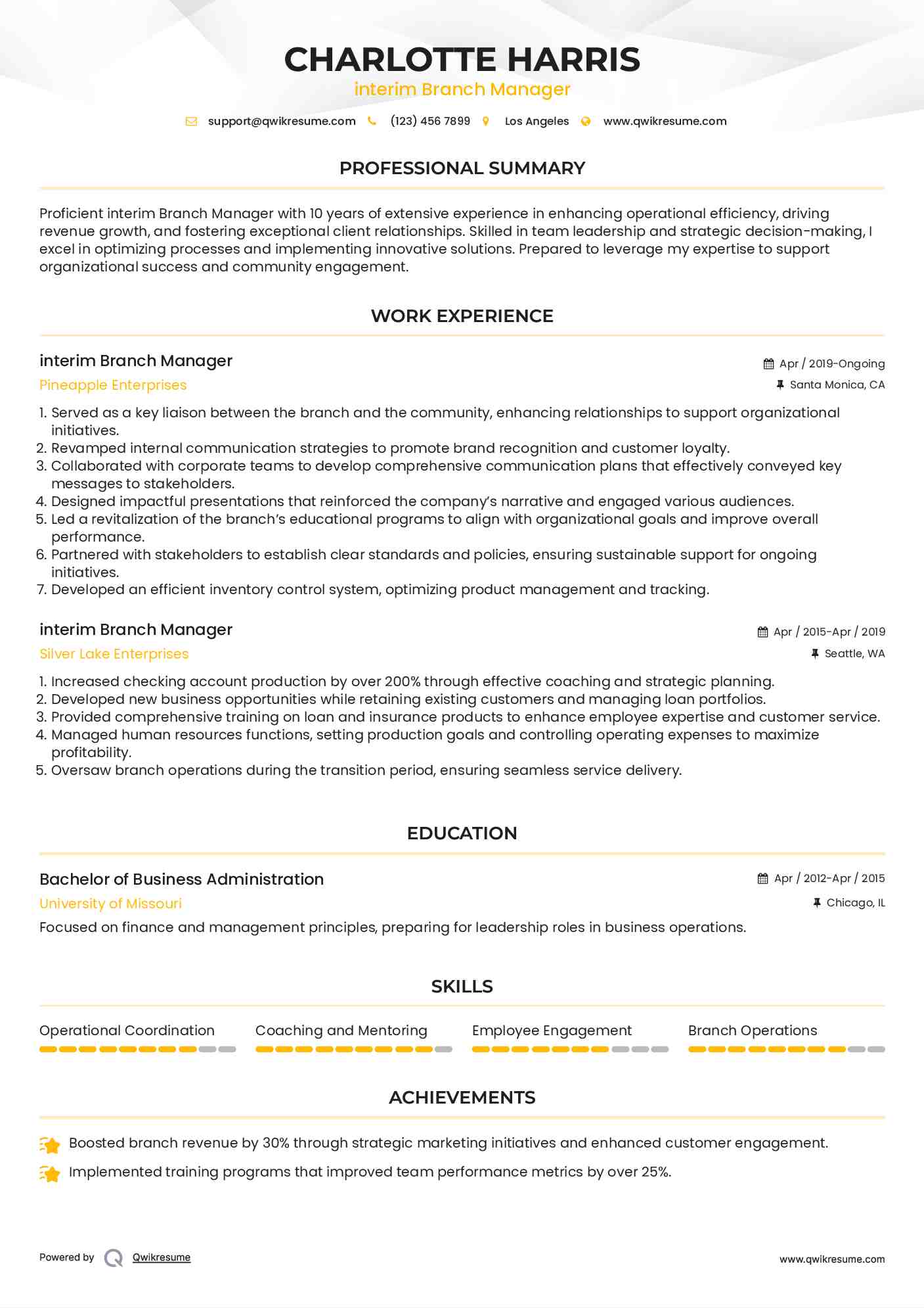 interim Branch Manager Resume Model