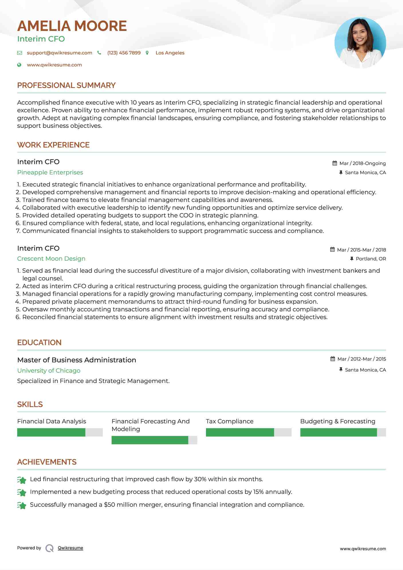 Interim CFO Resume Format