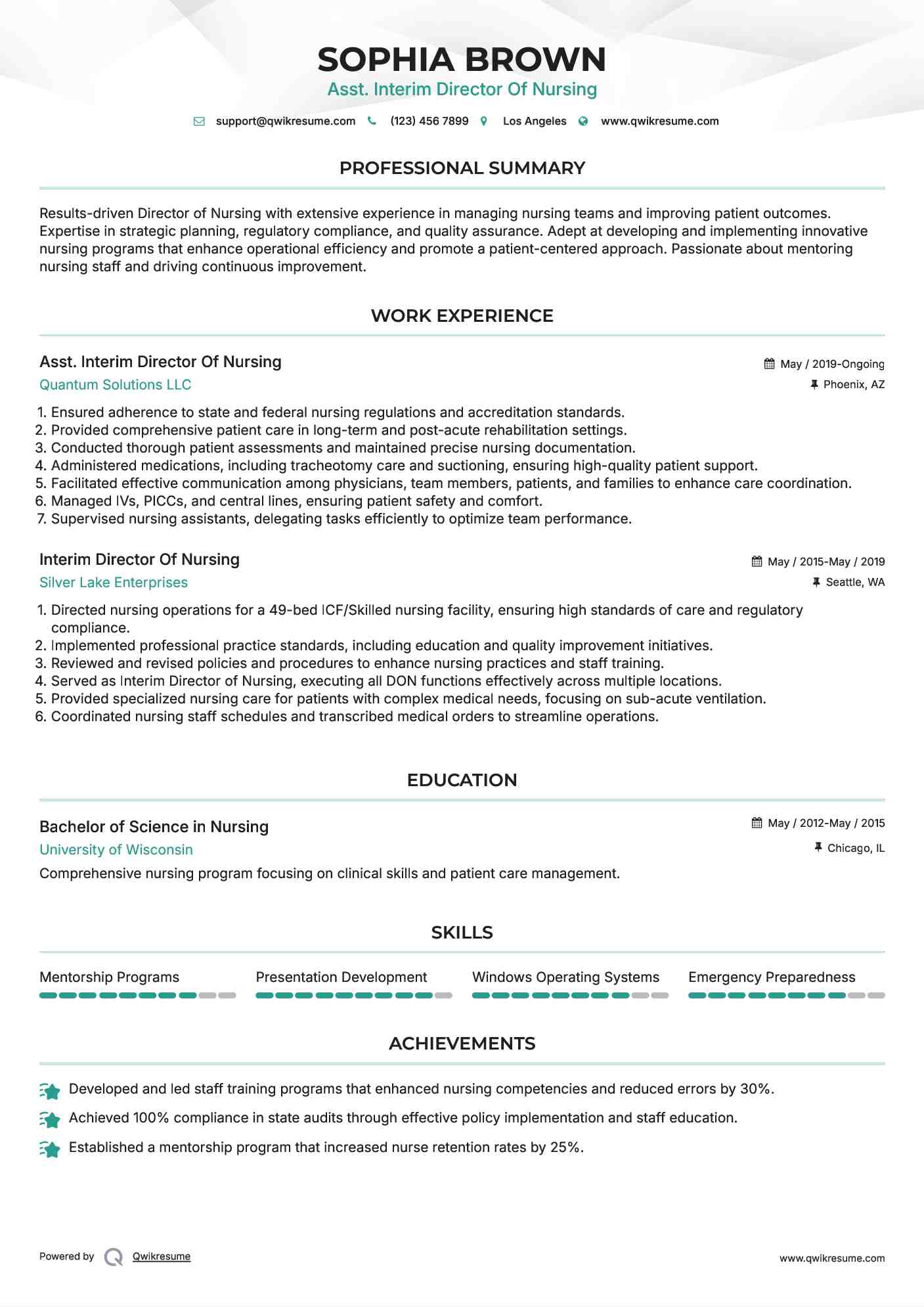 Asst. Interim Director Of Nursing Resume Example